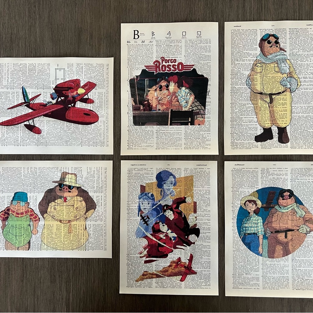Porco Rosso (Movie) Themed Dictionary Prints - Set of 6